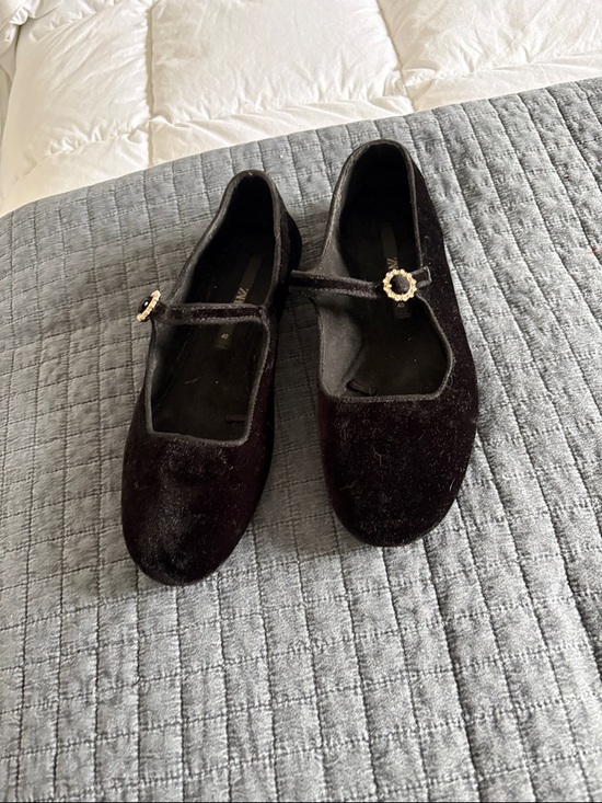 Zara Shoes - Zara Black Velvet Mary Jane Flats with Gold Decorative Buckle